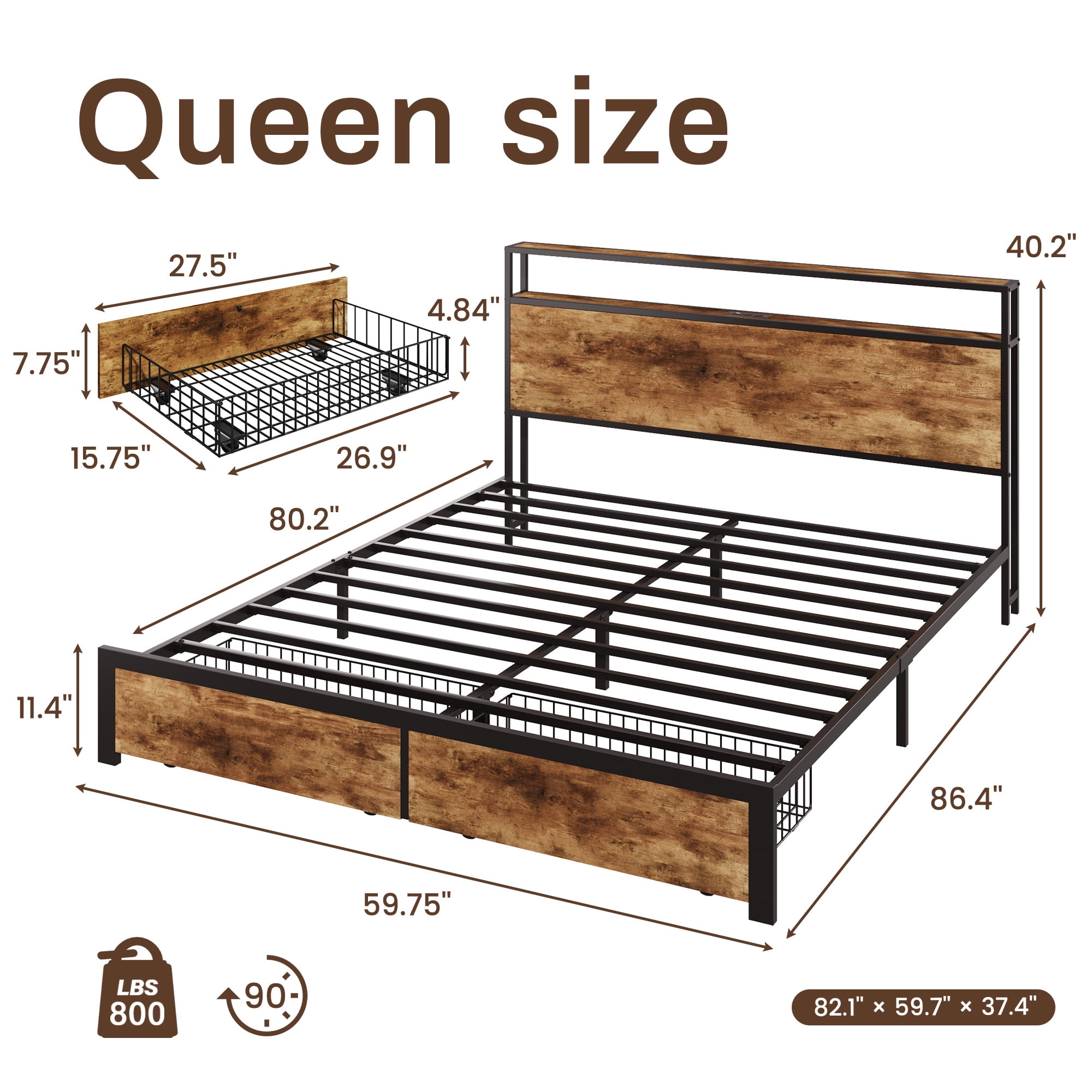 Lifezone Queen Bed Frame with 2-Tier Storage Headboard, Metal Bed Frame with Storage Drawers & Built-in Charging Station & LED, Noise-Free, No Box Spring Needed, Easy Assembly, Retro Brown