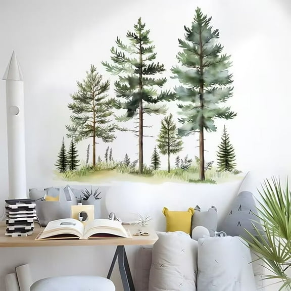 Watercolor Tree Wall Stickers Small Pine Tree Wall Decals Green Tree Wall Window Stickers Removable Forest Tree Wall Decals Peel and Stick Small Tree Wall Decals for Bedroom Living Room