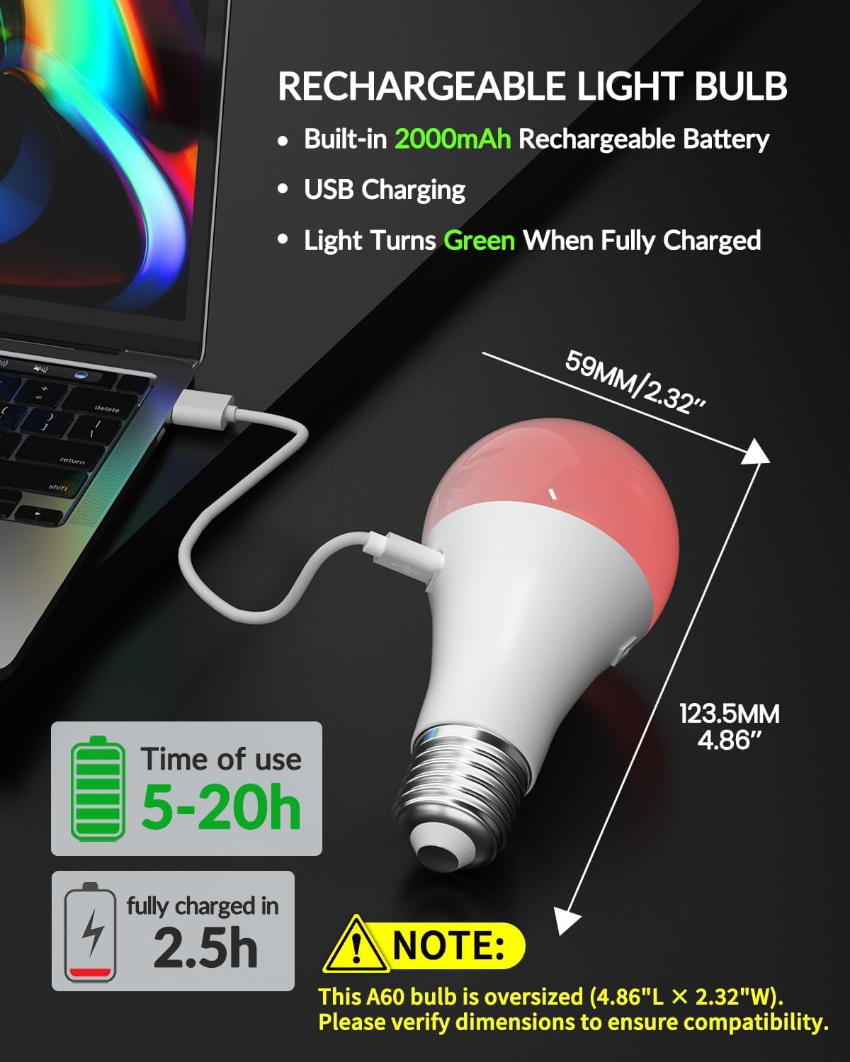 E26 Rechargeable Light Bulb with Remote Control,Battery Light Bulb,RGB Color Changing & 3 Color Temperature,Dimmable Bulb with Timer Function for Wireless Table Lamps,2 Pack(4.86" Long)