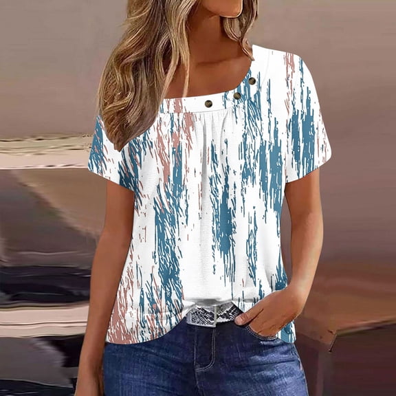 Ounisa Women Pleated Tops Floral Printed Square Neck Short Sleeve Tunic T Shirts Loose Fit Fashion Summer Vacation Tees