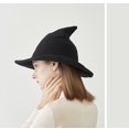 thumbnail image 5 of Moda para mujer Sombreros puntiagudos de bruja de ala grande de lana linda Gorra de cubo de color sólido de mago de punto, negro JM, 5 of 5