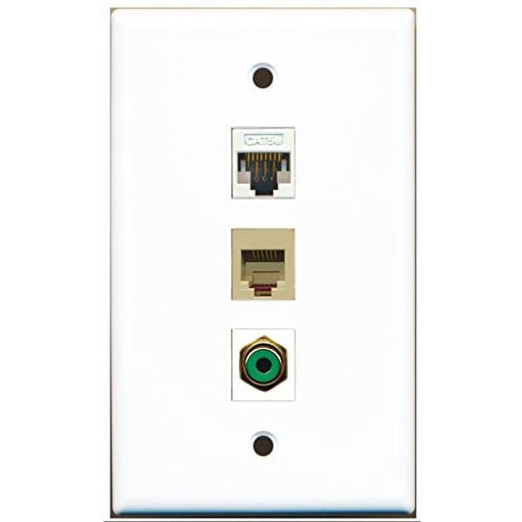 RiteAV - 1 Port RCA Green and 1 Port Phone RJ11 RJ12 Beige and 1 Port Cat5e Ethernet White Wall Plate