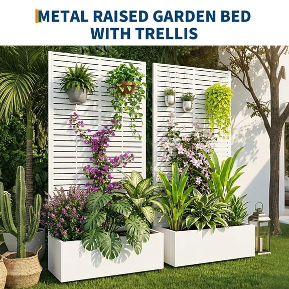 Historyli Metal Raised Garden Bed with Trellis, Galvanized Planter Box with Drainage Holes, Outdoor Privacy Screen, With wheels, White