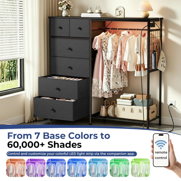 CONCETTA Dresser for Bedroom with Hanging Rack 6 Drawers Dresser, LED  Lights & Charging Station, Wooden Top, Grid Panel, Gray - Walmart.com
