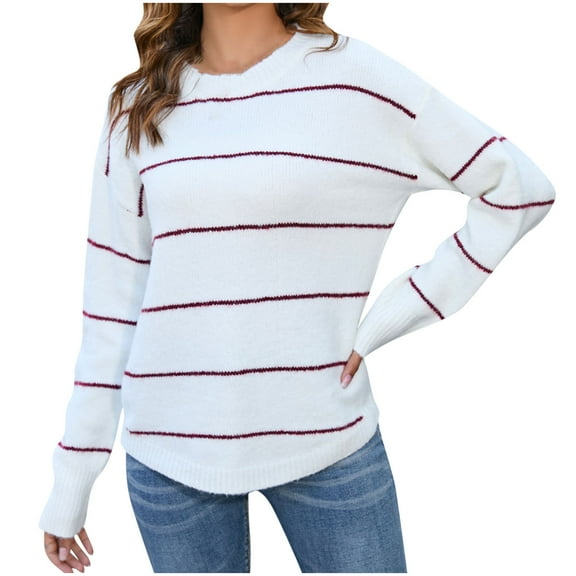 Htigea Womens Striped Sweaters Casual Crew Neck Long Sleeve Knit Pullover Fall Winter Jumper Tops White S