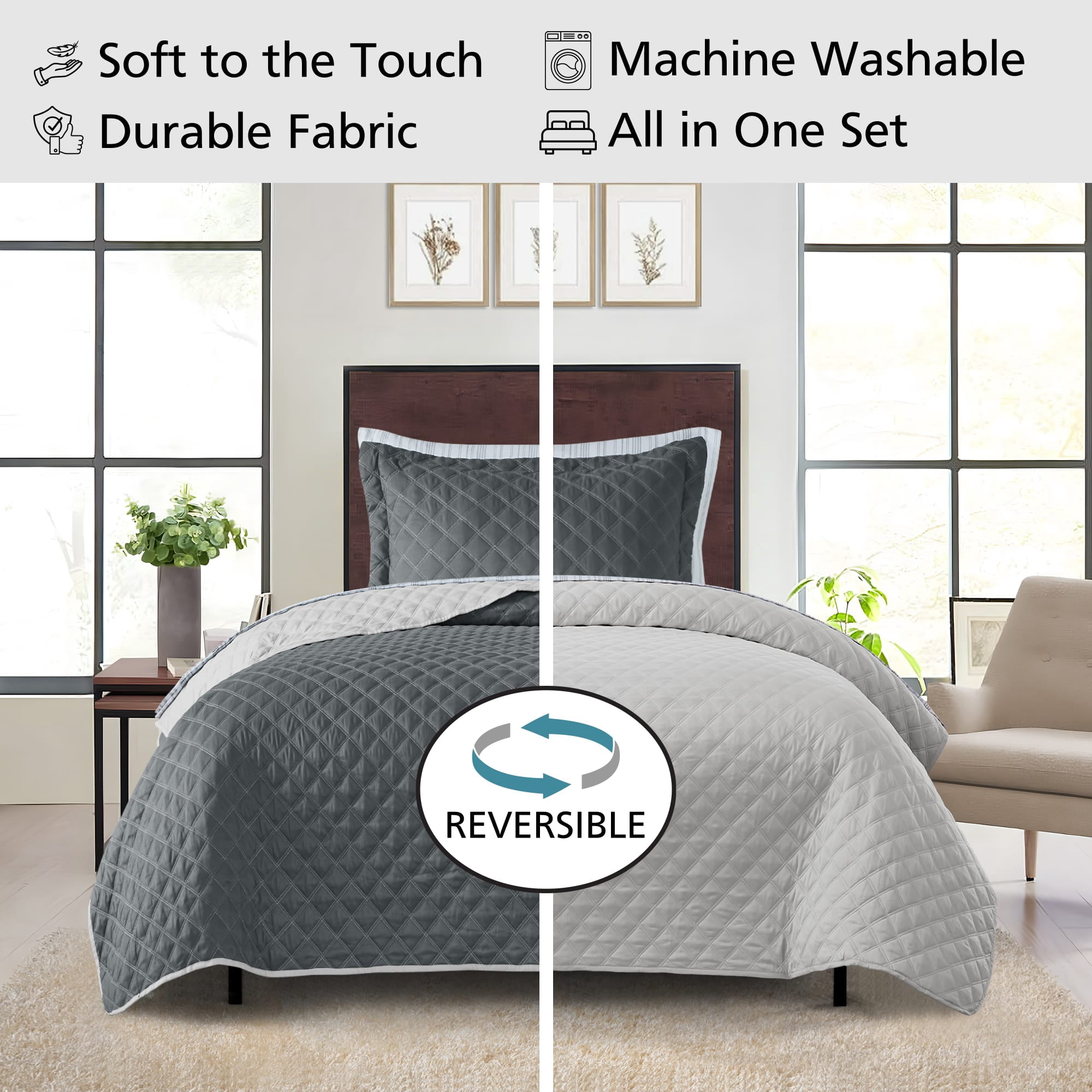 Mainstays All in One Lightweight Quilt Set and Sheet Set, 5 Piece, Twin/Twin-XL, Gray