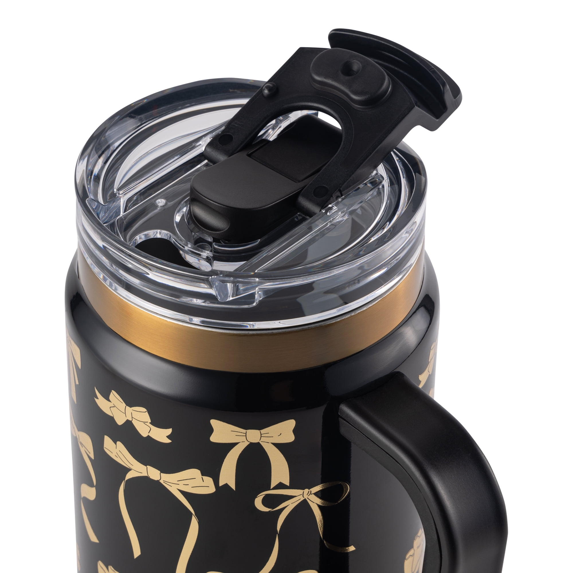 Thyme & Table 32 fl oz Stainless Steel Luna Tumbler with Handle and Dual Straw Lid, Black & Gold Bows