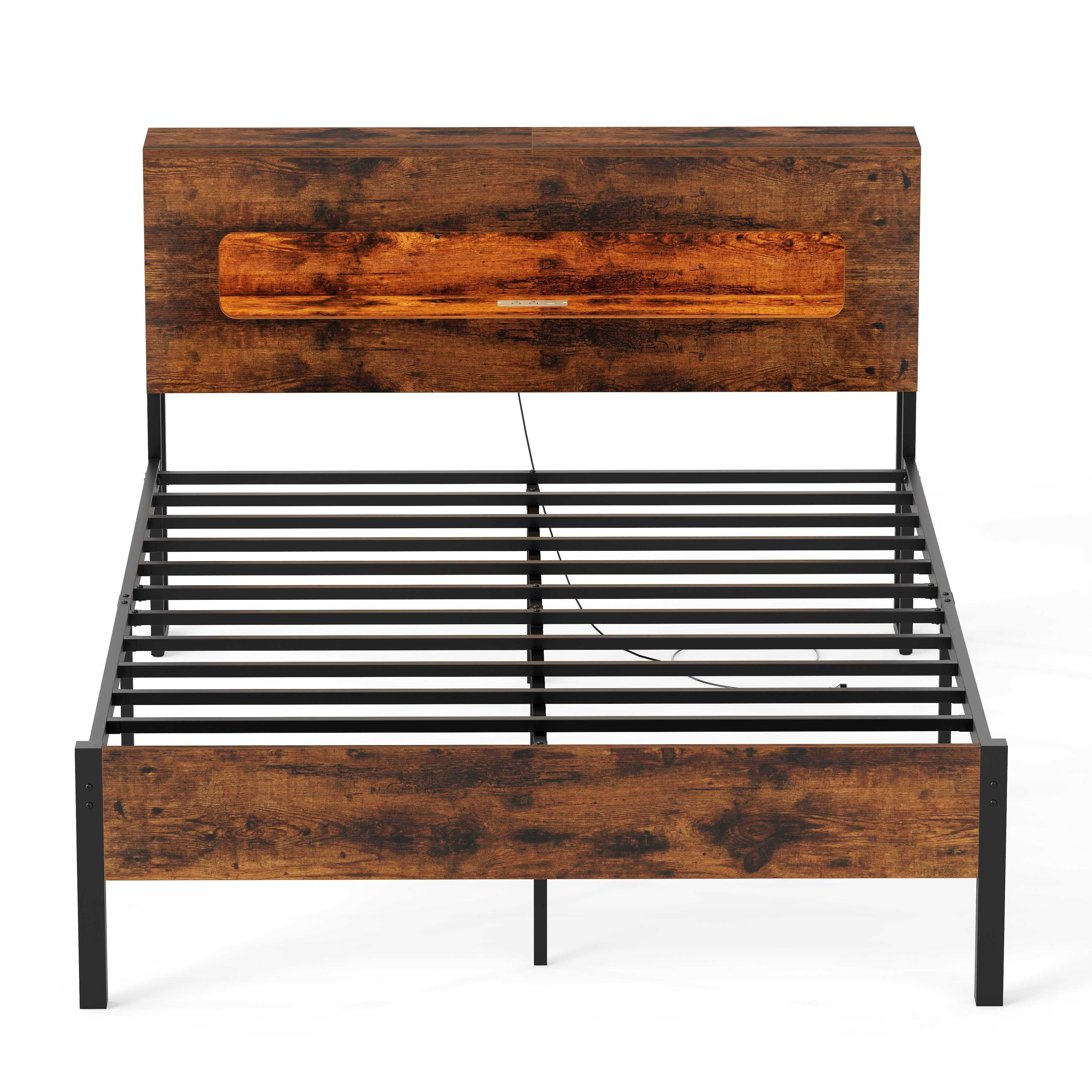 Furnibear Full Size Bed Frame, Slatted Platform Bed Frame with LED Lights, Full Bed Frame with Storage Headboard for Bedroom, Rustic Brown and Black