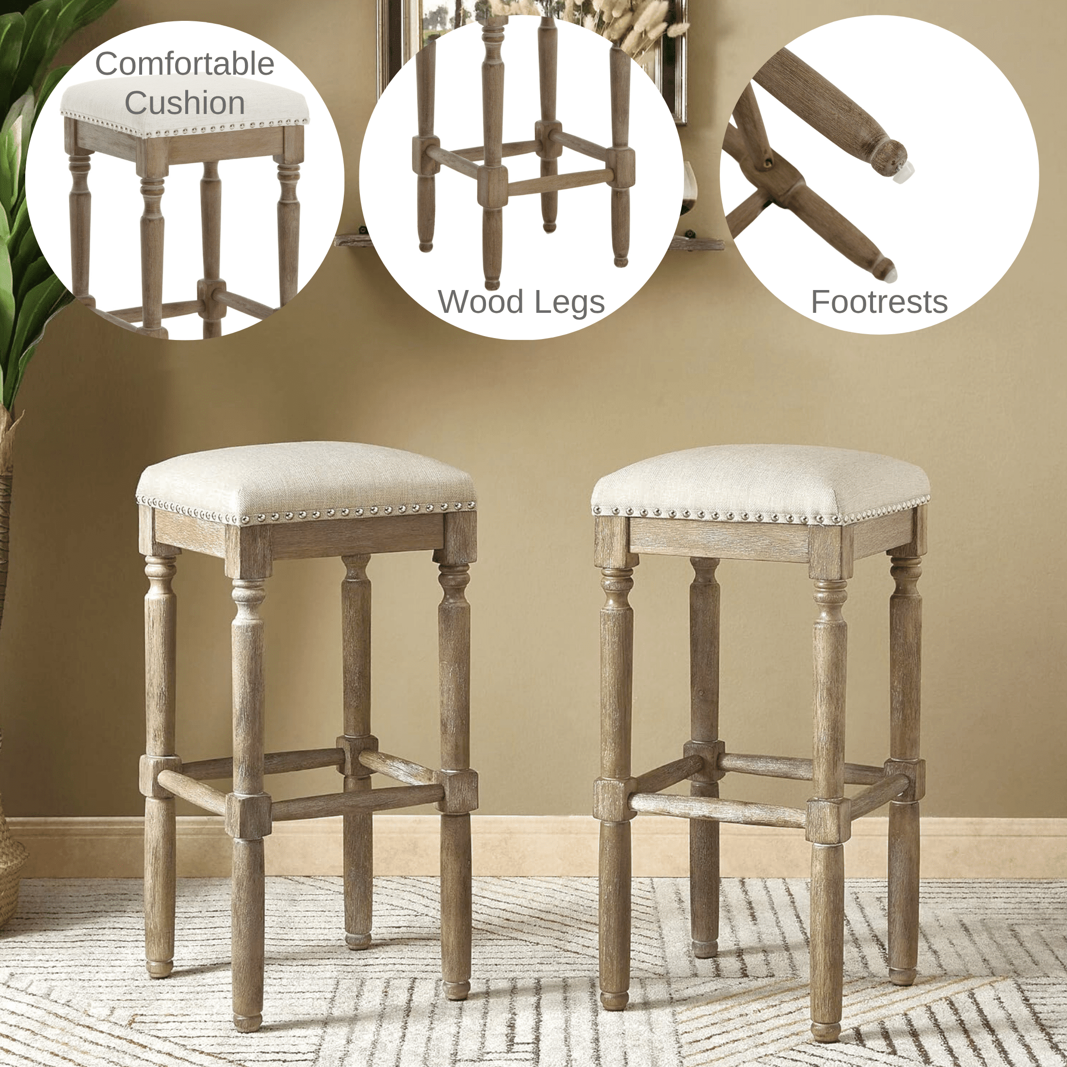 Guyou 26” Farmhouse Counter Stools Without backrest, Upholstered Counter Height Bar Stools with Wood Legs for Kitchen Counter Island, Grey-White Legs(Set of 2)