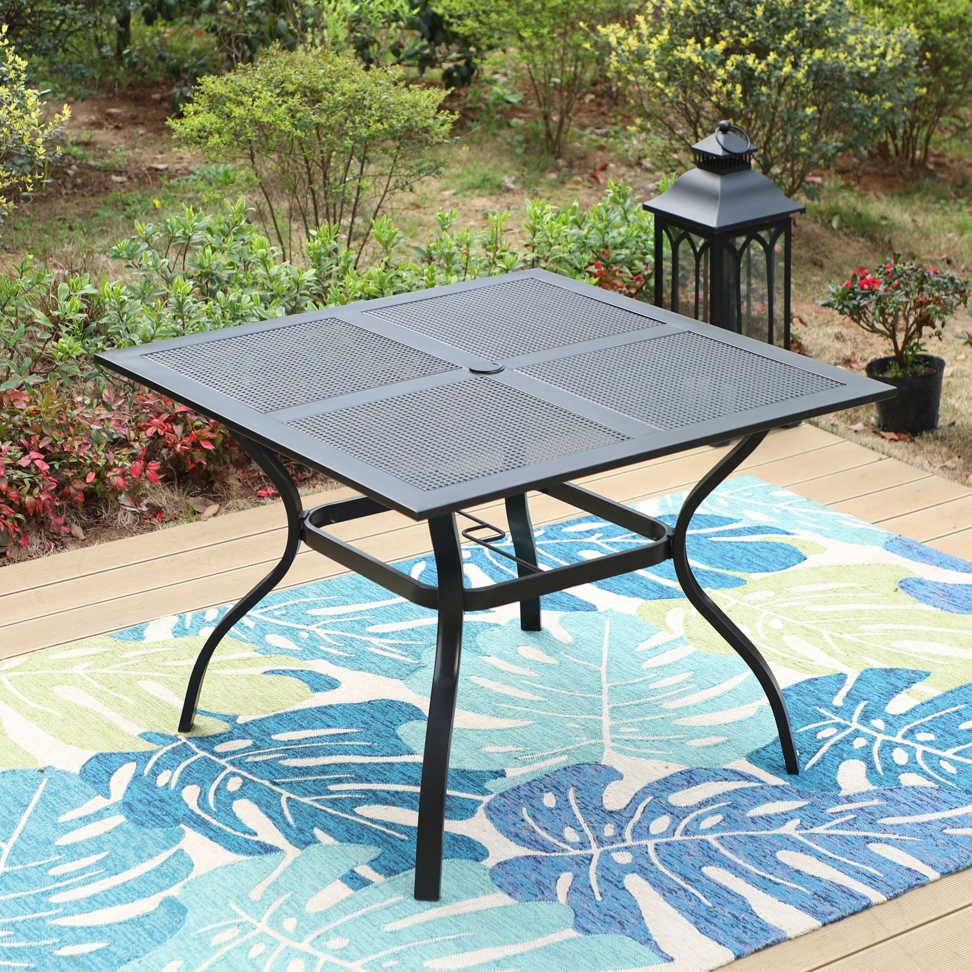 5-Piece Outdoor Patio Dining Set, All-Weather Metal Steel Furniture with Stacking Chairs & Square Table with Umbrella Hole, Black