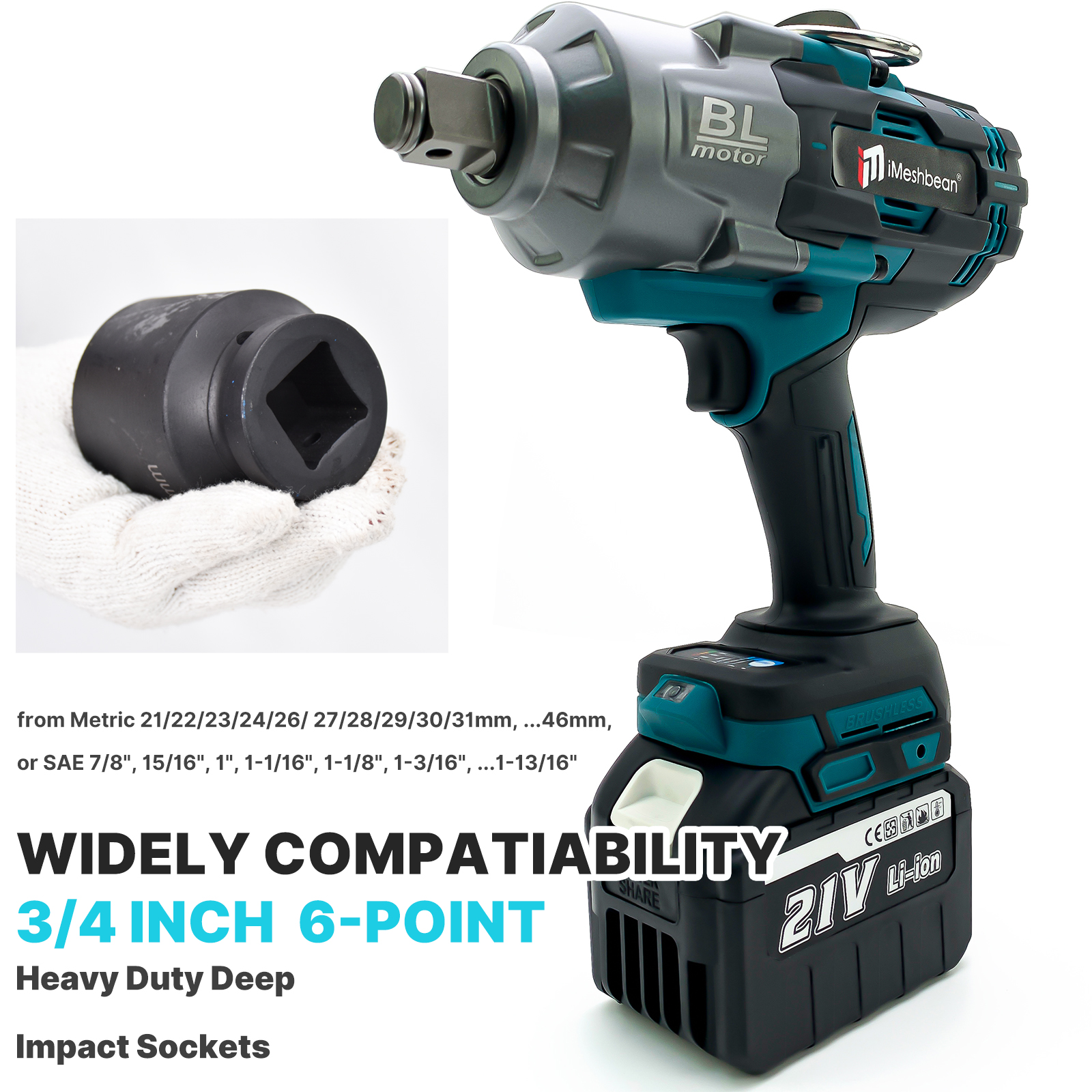 iMeshbean 2100 N.m High Torque Impact Wrench 3/4" Drive W/ 2PCS 21V 8.0A Battery Cordless