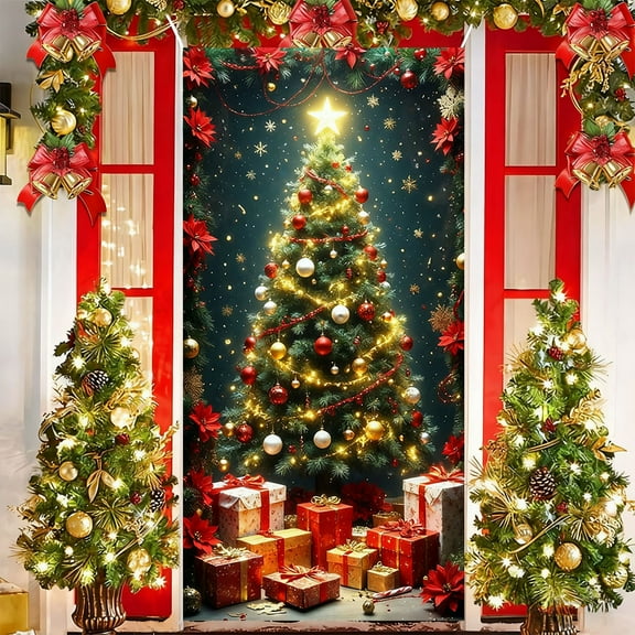 Christmas Door Cover Santa Pattern 35x71 Inch,Fabric Elastic Decoration for Front Door,Holiday Party Banner for Home and Event Celebration