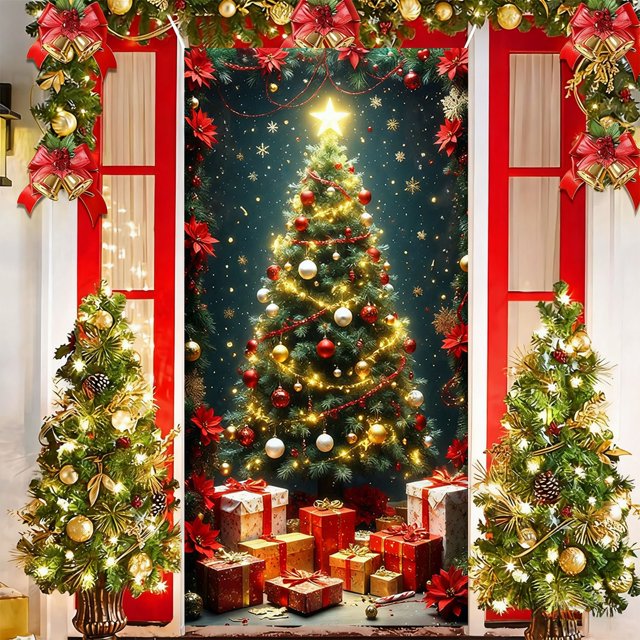 Linnome Santa Claus Pattern Christmas Door Cover 35x71 Inches, Festive Holiday Door Decoration for Home and Parties