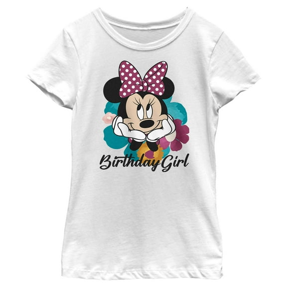 Girl's Minnie Mouse Birthday Girl Flowers Graphic Tee White X Small