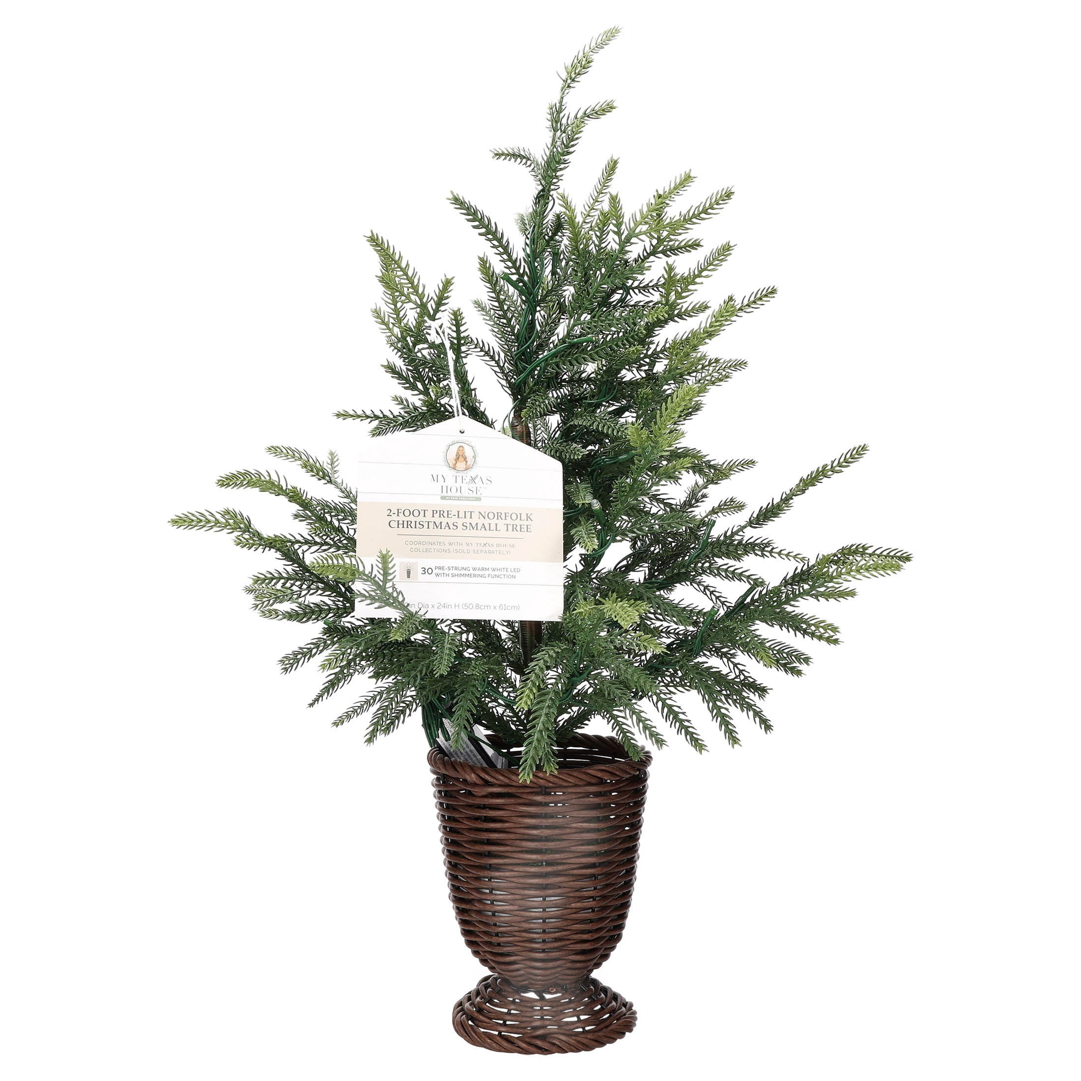My Texas House 2' Small Pre-Lit Norfolk Pine Green Artificial Christmas Tree with 30 Warm White Twinkle LED Lights in Woven Basket