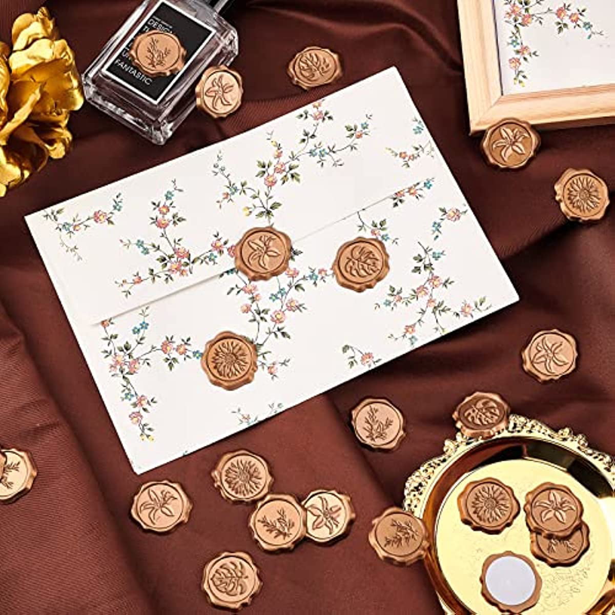 UNIQOOO Wax Seal Stickers - Botanical Plant Wedding Invitation Envelope  Seal Stickers, 100 Pcs Self- Adhesive Antique Gold Stickers, Perfect for