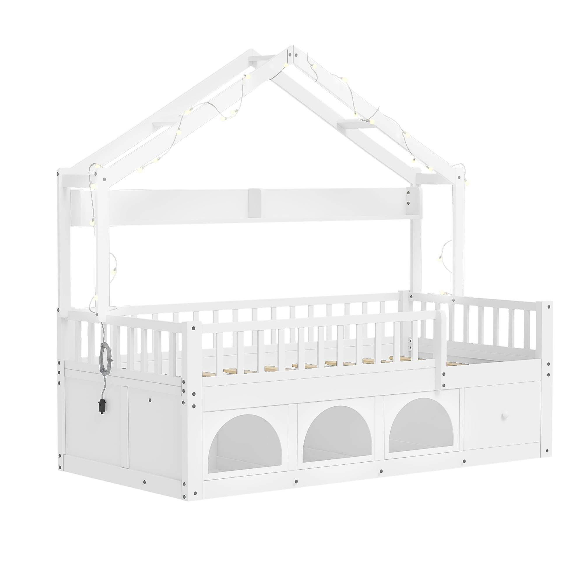 Mintazer Twin Montessori Floor Bed with LED Lights & Bookshelf, Kids House Floor Bed with 3 Arched Cubbies & Drawer and Guardrail for Boys Girls Bedroom Playroom, White