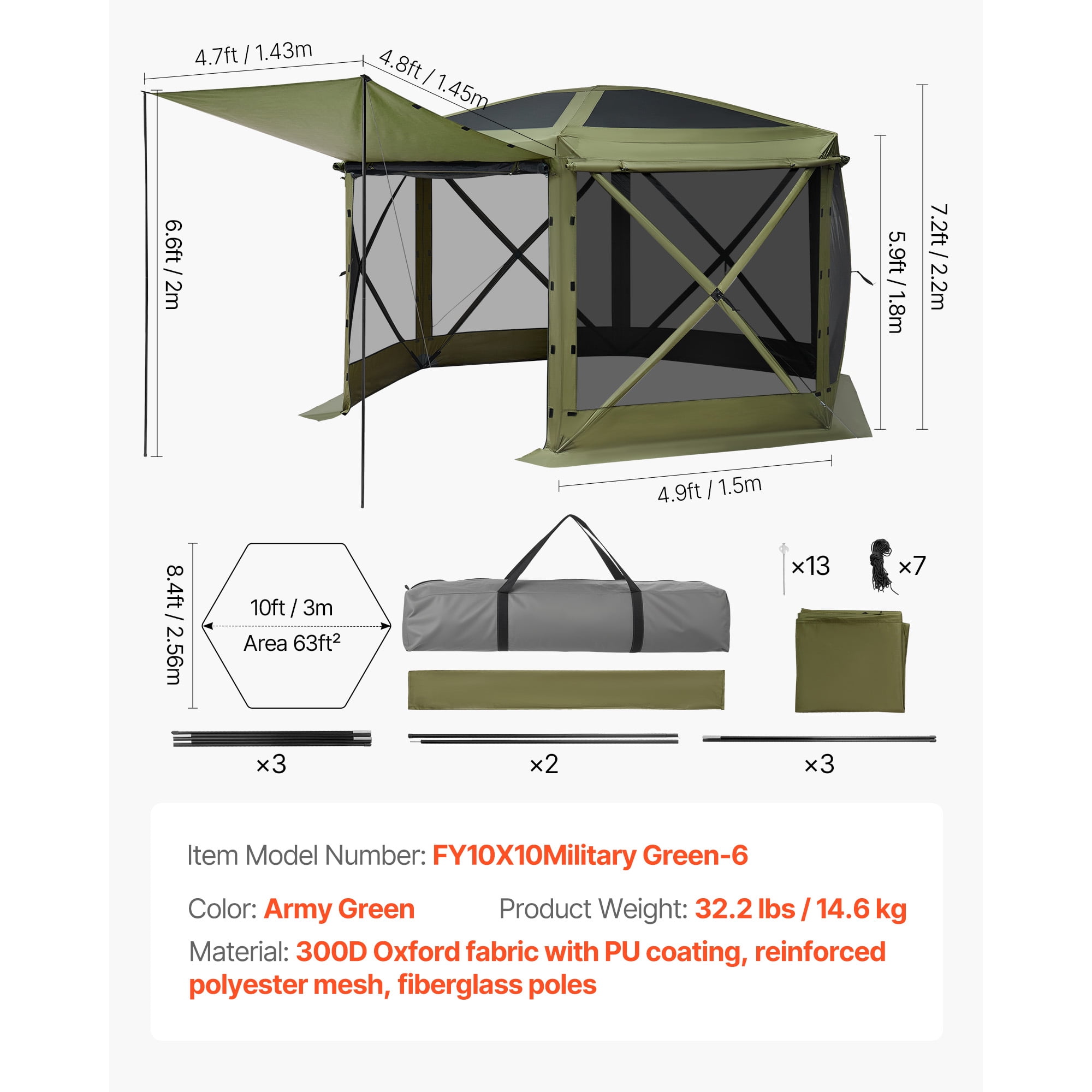 KFFKFF Pop-Up Gazebo Screen Tent, 10 x 10 ft Hexagonal Camping Canopy with Detachable Roof & Carry Bag, Easy Setup & Insect-Resistant, Screened Sun Shelter for 6-8 People, Green