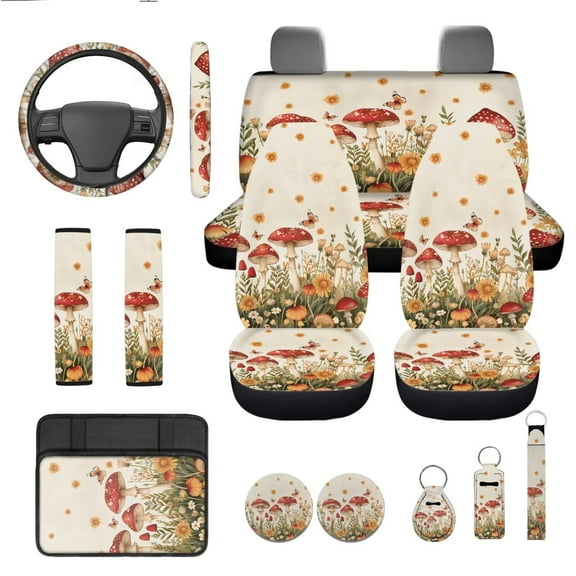 Garronmavis Mushrooms Car Seat Cover Set 13PCS Including Front and Rear Seat Cover, Steering Wheel Cover, Armrest Pad,Seat Belt Cover, Coaster, Keychain, Lipstick Cover