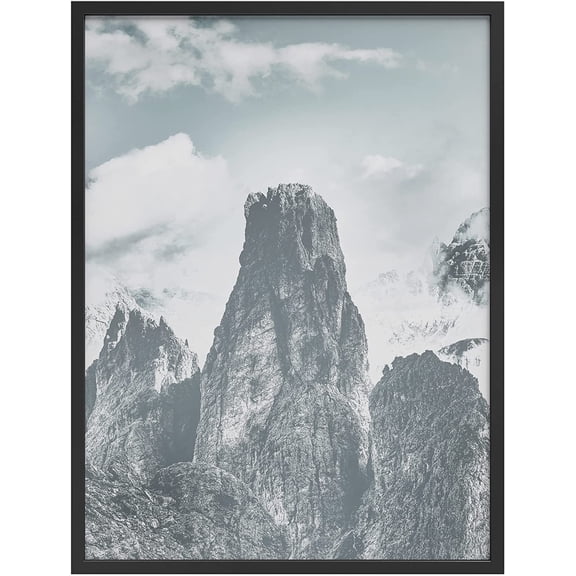 PixonSign Framed Wall Art Print Mountain Peak Extends Into Clouds Nature Wilderness Photography Realism Modern Landscape Relax/Calm Blue Duotone for Living Room, Bedroom, Office - 12"x16" BLACK