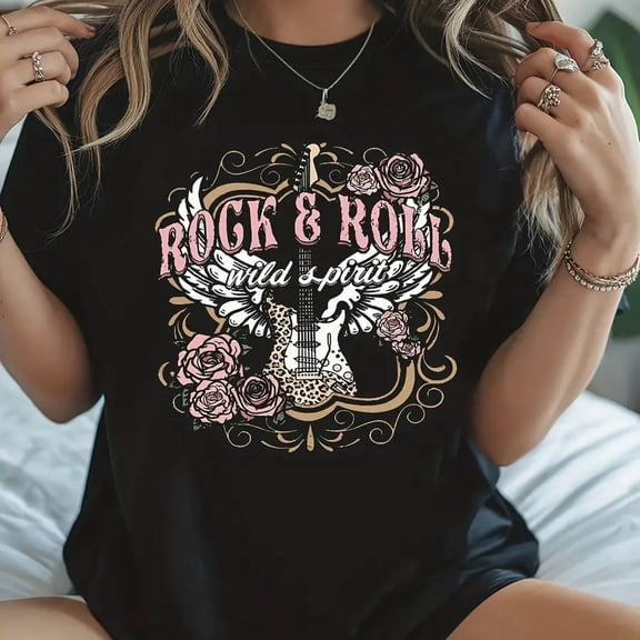 【New style】Festival-Themed Women'S Round-Neck Spring And Summer T-Shirt Featuring a Casual Design with a ROCK and ROLL Electric