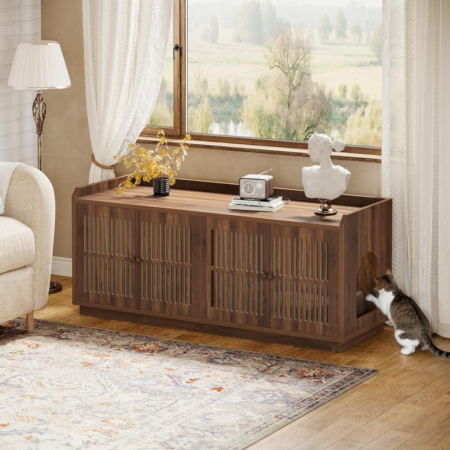 Cat Litter Box Enclosure, 55.1-Inch Extra Large Hidden Litter Box Furniture with 2 Cabinets