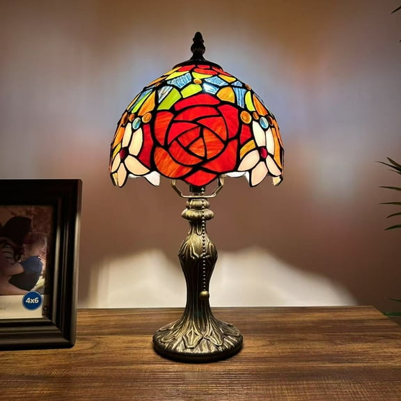 Tiffany Mini Table Lamp Red Orange Blue Stained Glass Rose Flowers Pull Chain Switch LED Bulb Included for Living Room Bedroom Bedside 8" D*8" W*15" H