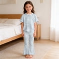 thumbnail image 6 of qucoqpe Toddler Little Girls Cute Trendy 2-Piece Outfit Set Summer Striped Casual Short Sleeve Soft Elastic Waist Flared Trousers Top and Pant Comfy Homewear Set Kids, 6 of 7