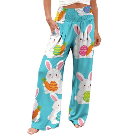 NMMUED Easter Pants Rabbit Ear Easter Colorful Bunny Wide Leg Pants Woman Easter Bunny Pants Cute Bunny Easter Egg Graphic Pull On Easter Clothing Sky Blue M
