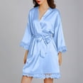 thumbnail image 4 of Women's Satin Nightgown Lace Silk Pajamas Robe with Belt Long Sleeve Sleepwear Lightweight Chemise Mini Teddy (Large, Light Blue 02), 4 of 6