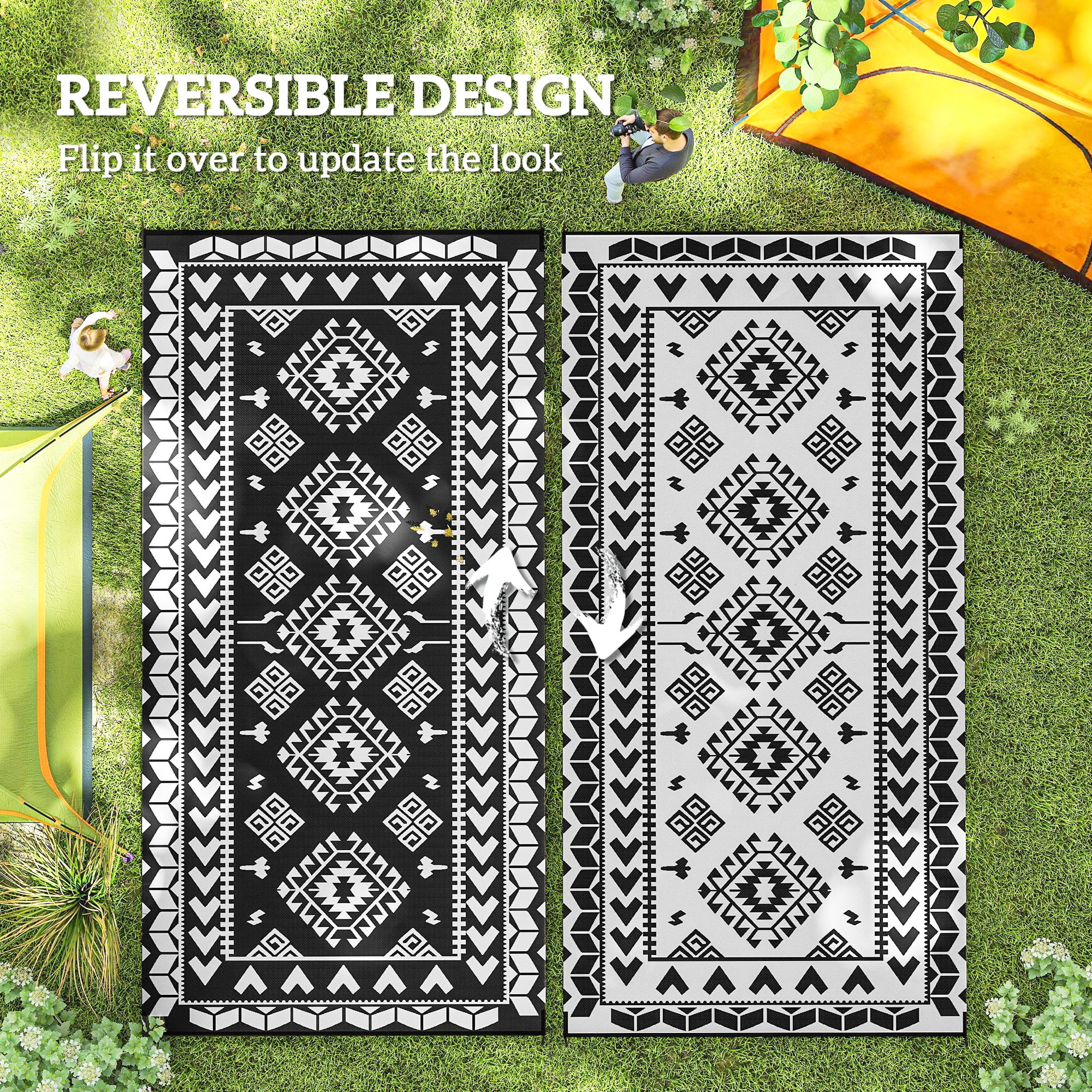 9' x 18' Black & White Rhombus Patchwork Reversible Outdoor Rug, Waterproof Patio Camping Mat with Carry Bag, Foldable Portable Indoor Outdoor RV Carpet