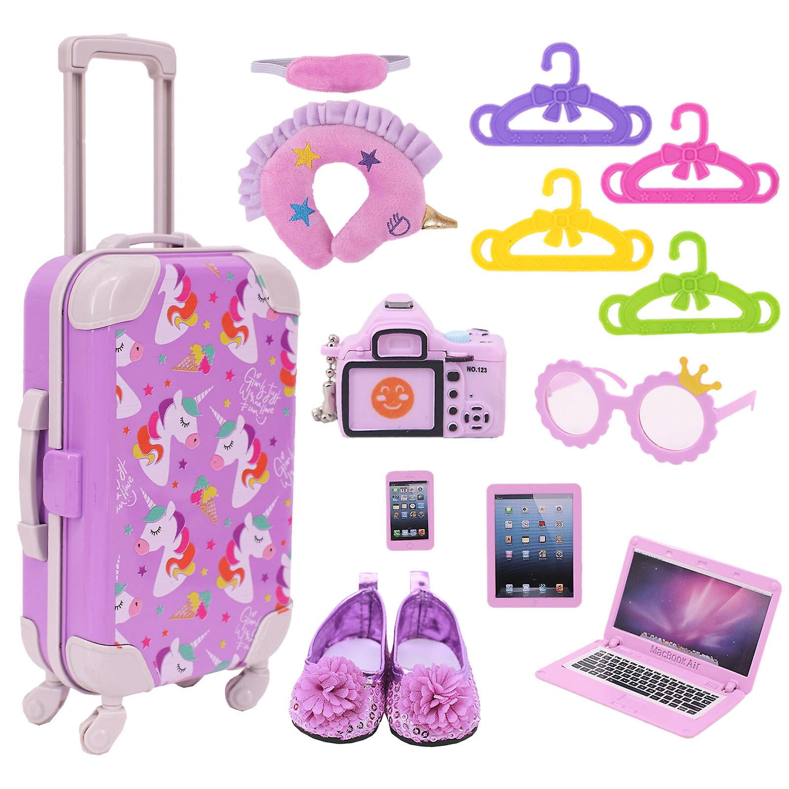 Juego de maletas de viaje para munecas americanas juego de equipaje para munecas con accesorios para munecas de nina de 18 pulgadas diseno estampado lindo purpura Walmart en linea