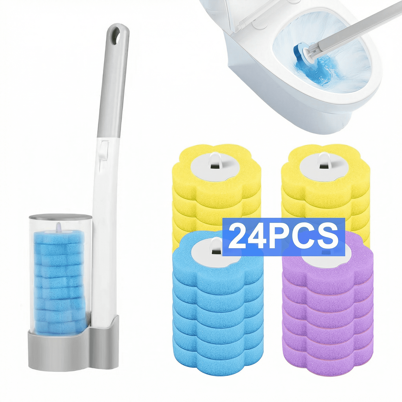 Lomyolo Disposable Toilet Brush with 24 Refills & No-Drill Adhesive Holder - Space Saving Wall Mounted Toilet Cleaning Kit, 3 Scents (Ocean, Lavender, Lemon) for Bathroom