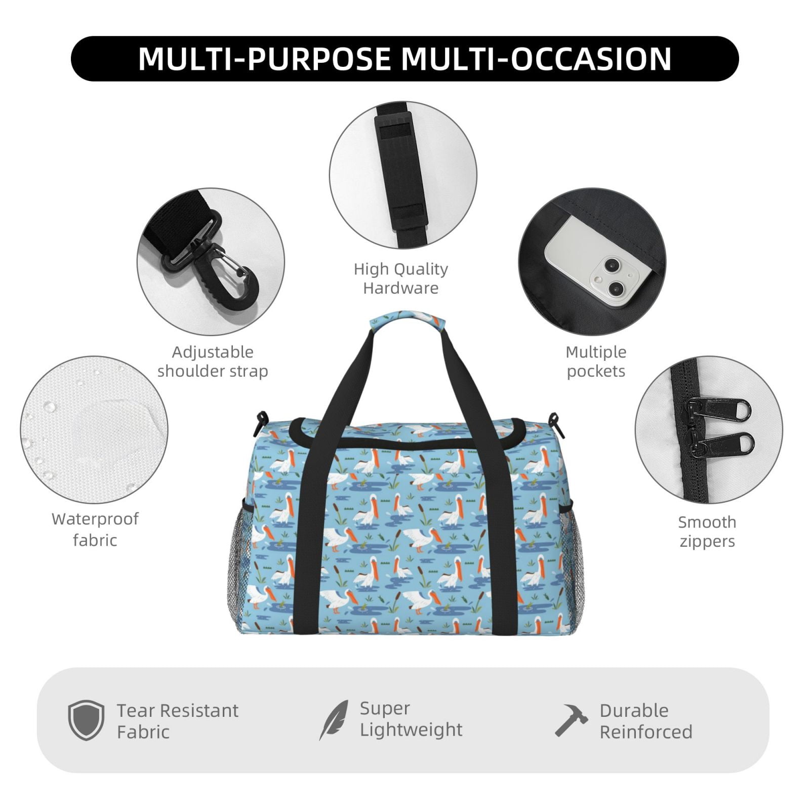 Fuzoiu Pelican Reed And Fish Print Travel Duffle Bag,Carry On Tote Bags,Duffel Bag,Sport Gym Bag, Hospital Bag for Labor and Delivery, Overnight Bag,Luggage Bag