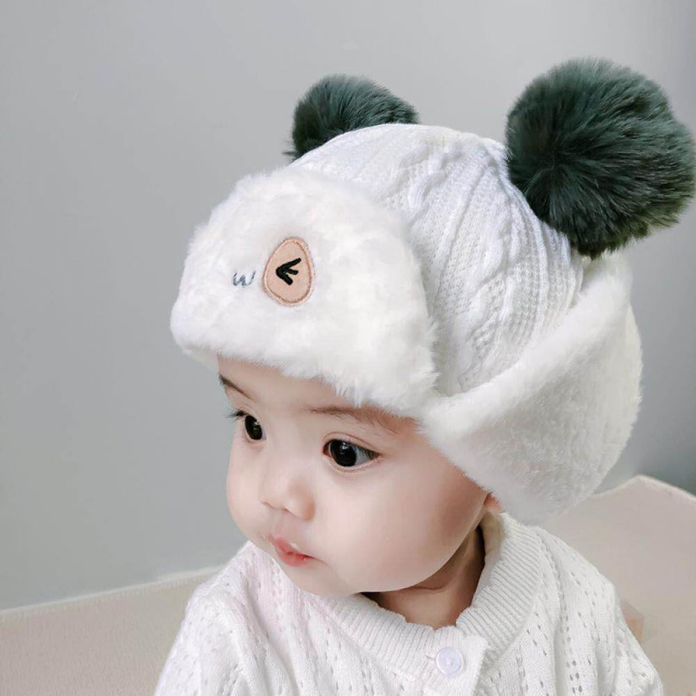 Toddler Baby Boy Winter Beanie Hat Infant Kids Warm Fleece Lined Earflap Knit Fur Pom Pom Hat Snow Cap 