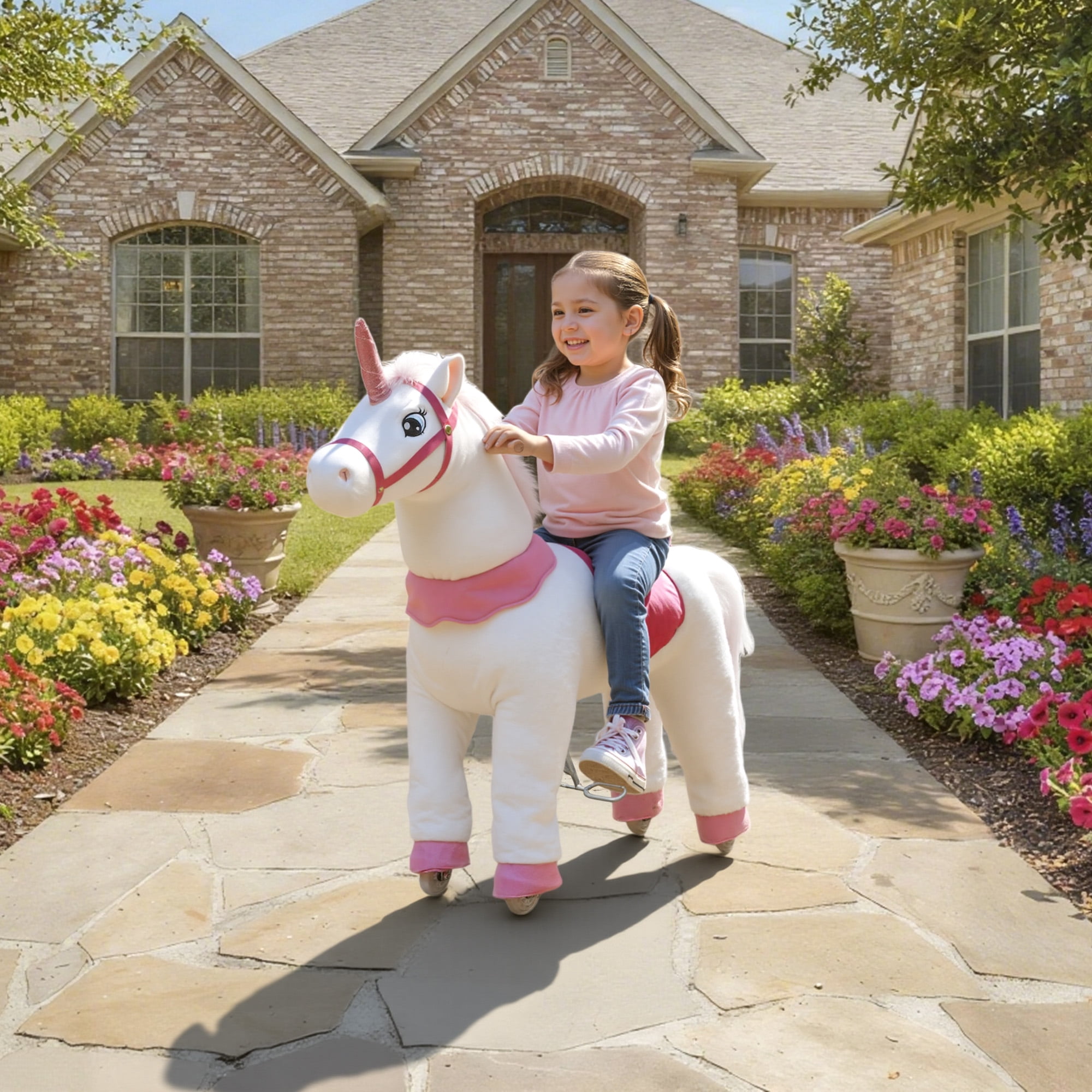 Qaba Ride on Unicorn Toy for Kids 4-7 Years, 37.8 Inch Plush Baby Rocking Horse, Mechanical Walking Animal with Wheels, No Batteries Required, White