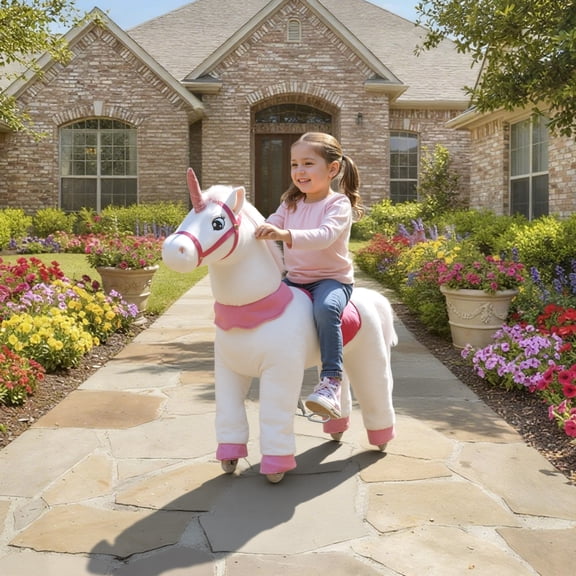 Qaba Ride on Unicorn Toy for Kids 4-7 Years, 37.8 Inch Plush Baby Rocking Horse, Mechanical Walking Animal with Wheels, No Batteries Required, White