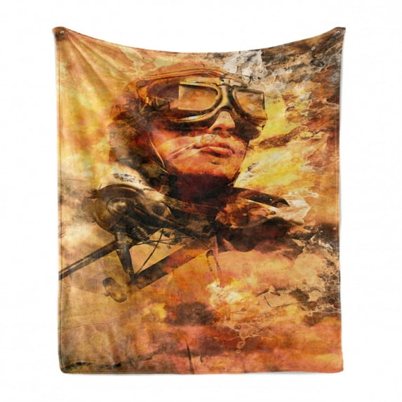 Vintage Airplane Soft Flannel Fleece Blanket, Abstract Portrait Male Pilot with Fighter Plane Pastel Color Dramatic Sky, Cozy Plush for Indoor and Outdoor Use, 70" x 90", Multicolor, by Ambesonne