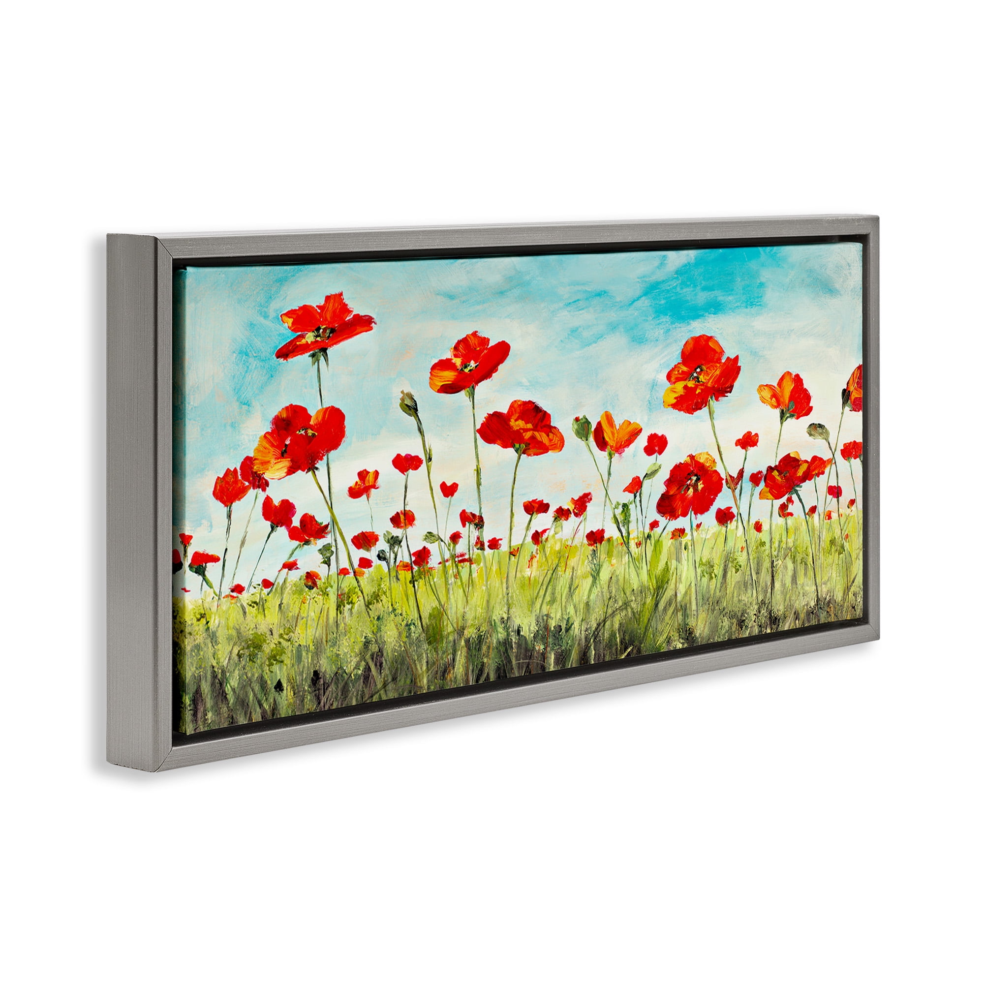 Stupell Industries Bright Red Poppies Meadow Botanical & Floral Painting Gray Floater Framed Canvas Art Print Wall Art, 31 x 14