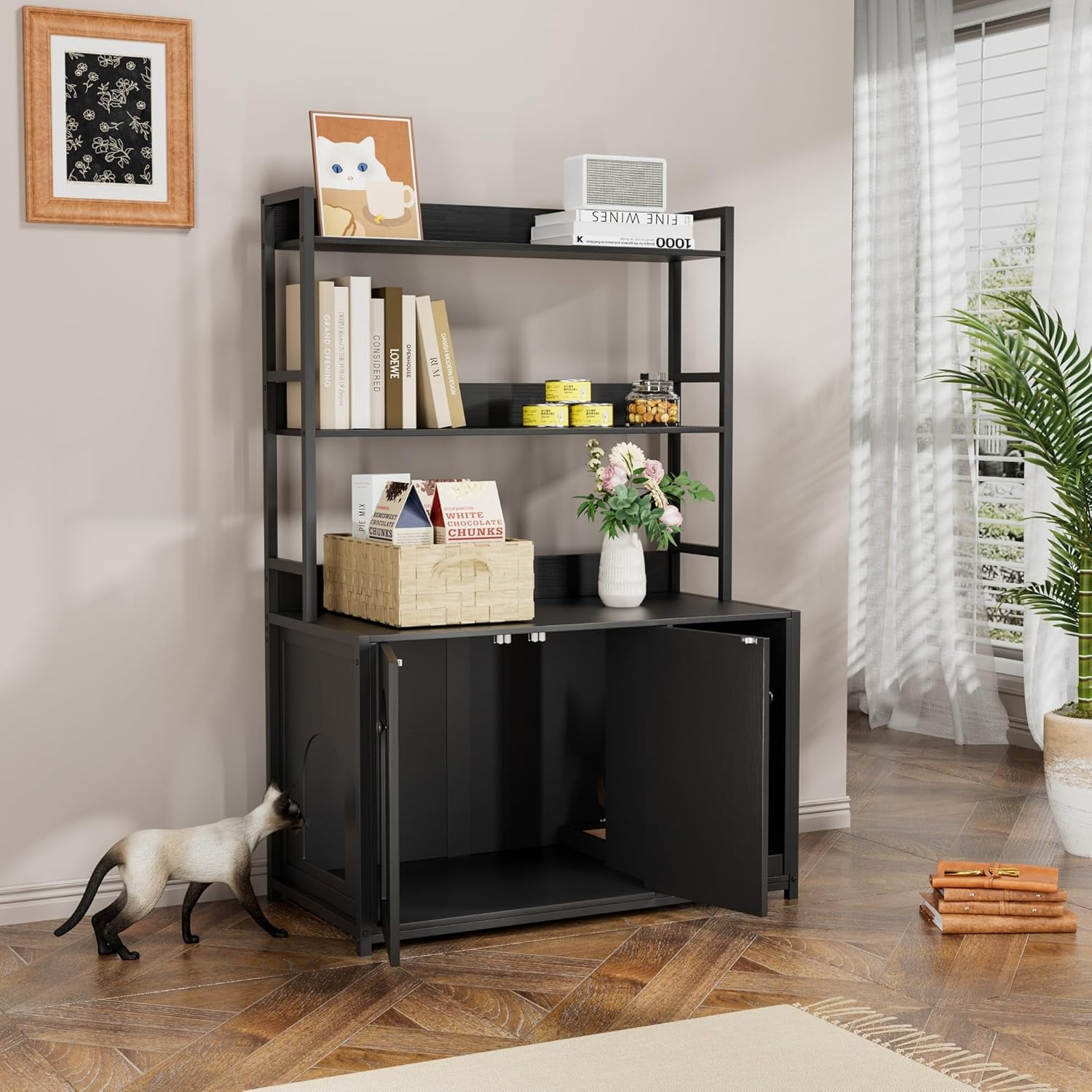 NEILA Litter Box Enclosure with 2 Storage Shelves White Hidden Cat Litter Box Furniture with Scratch Pad, Indoor Cat House Kitty Box Washroom Cat Bookshelf Cabinet, Black