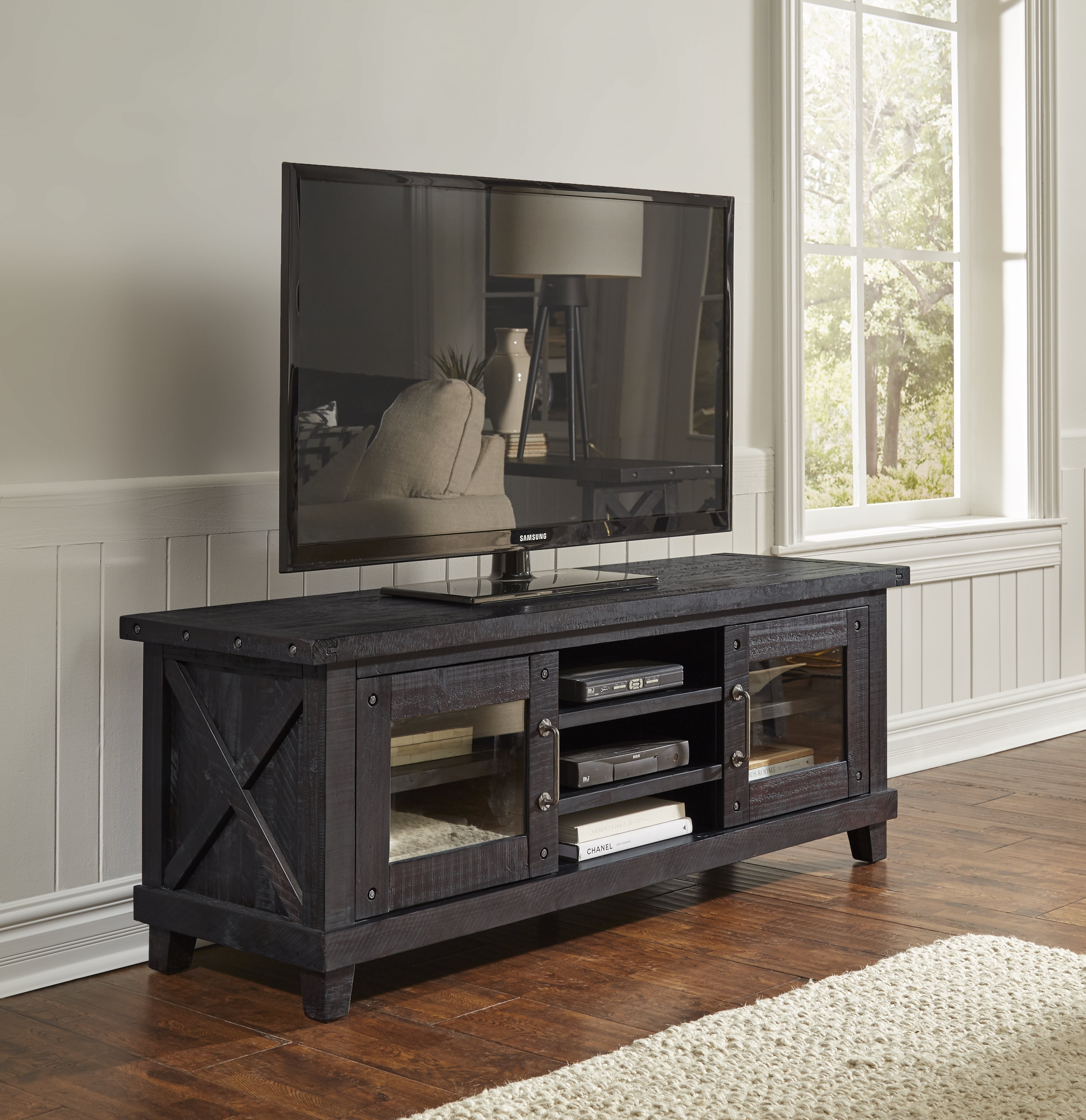 Three Open Shelves Entertainment Center with Exposed Bolts and Cross