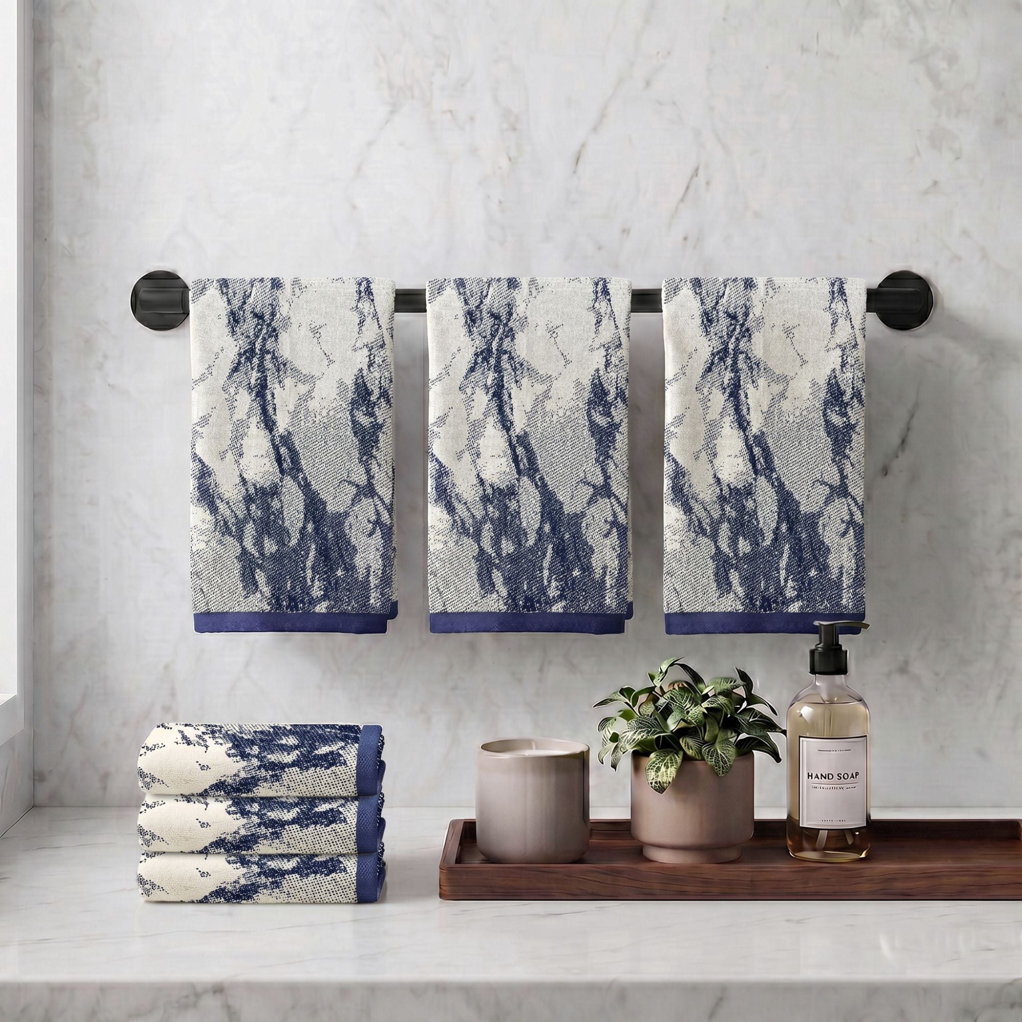Superior Marble Pattern Cotton 6-Piece Hand Towel Set, 6-Pack, Navy Blue - Ivory