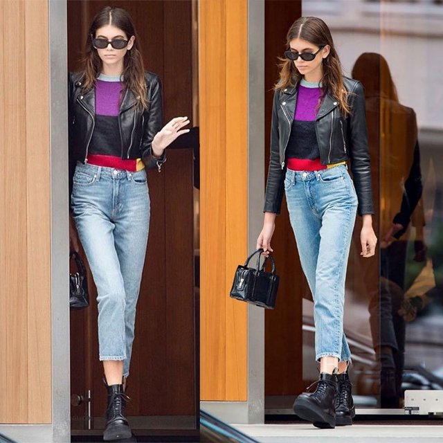 Vaqueros del mismo estilo de Kaia Gerber de celebridades europeas y americanas para mujer, cintura alta y adelgazantes, pierna recta de nueve cuartos pa