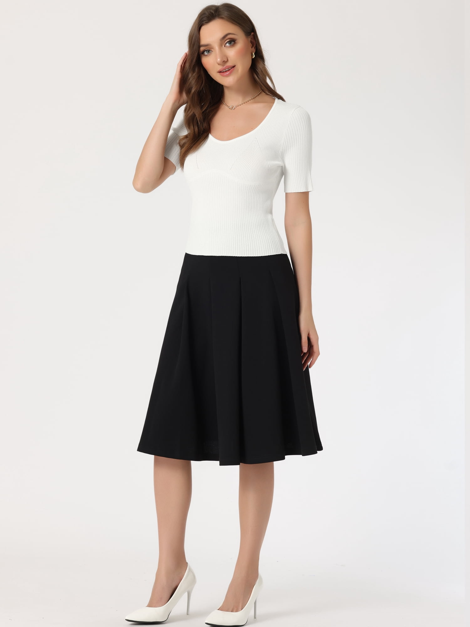 Unique Bargains Women's Square Neck Short Sleeve Knit Pullover Fitted Ribbed Tops L White