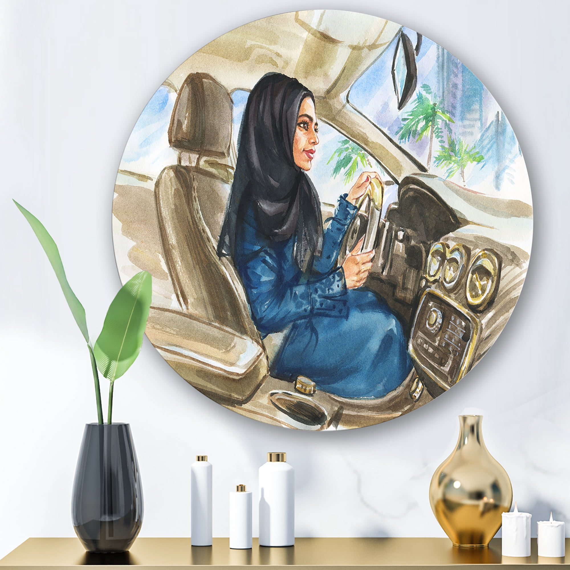 Designart 'Arabian Lady Driving A Car I' Modern Circle Metal Wall Art 23x23 - Disc of 23