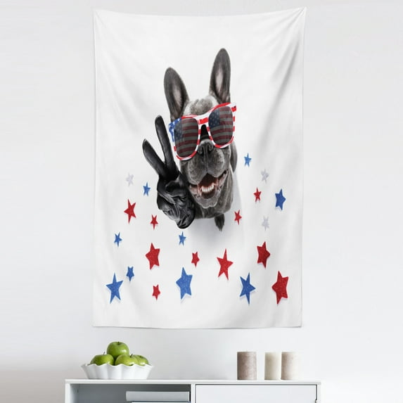 Bulldog Tapestry, Top View of an Animal in Eyeglasses 4th of July Independence Day, Fabric Wall Hanging Decor for Bedroom Living Room Dorm, 5 Sizes, Dimgray Ruby Blue, by Ambesonne