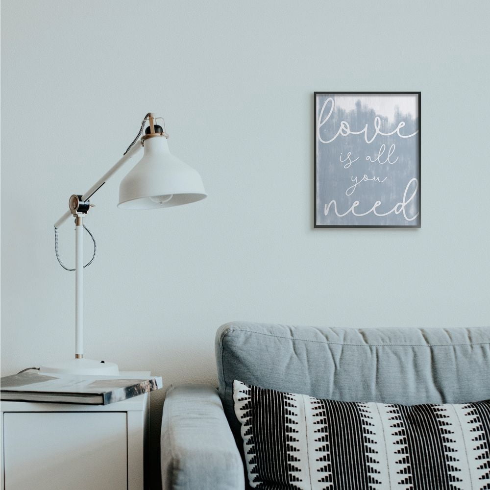 Stupell Industries Whimsical Love Is All You Need Script Blue White Quote Framed Wall Art Design by Daphne Polselli, 11" x 14", Black Framed