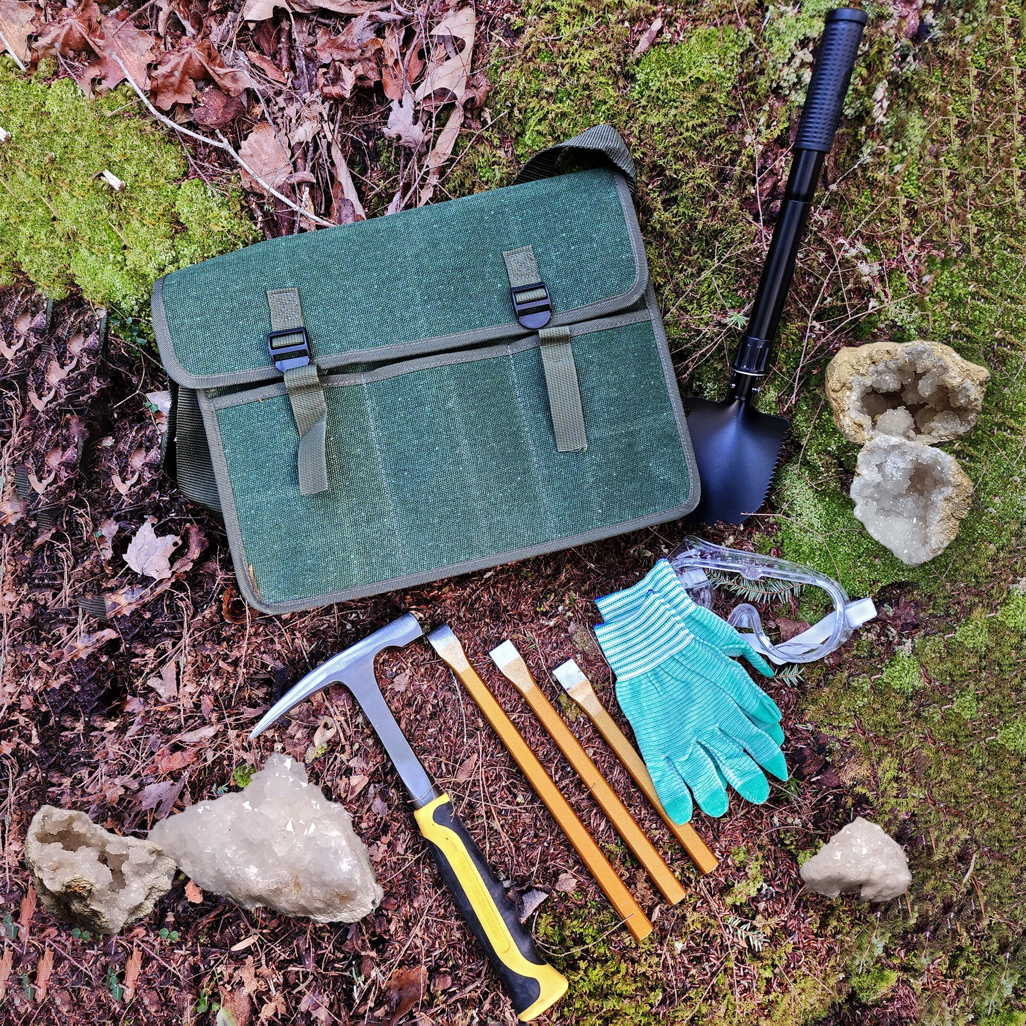 Esterno Rockhound & Rock Mining Kit (Deluxe 15-Piece Set); Rockhound Set Includes Hammer, Chisels, Musette Bag and Accessories