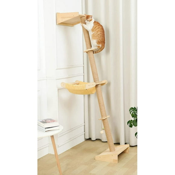 Wall Cat Tree with Hammock, 76" Tall Cat Wall Furniture Lean Against Wall Cats Climbing Tower for Active Indoor Climbers with Simply Suctions to Window