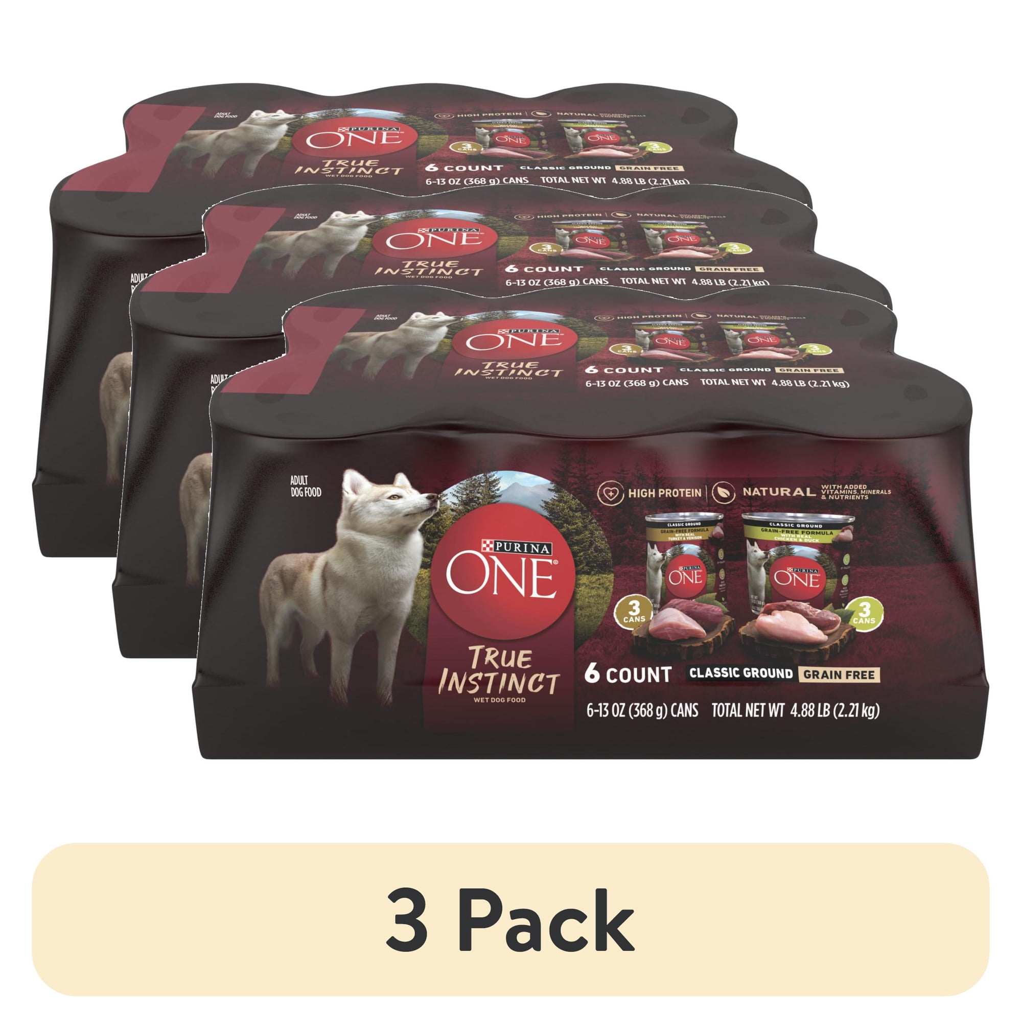 (3 pack) Purina ONE True Instinct Classic Ground Grain-Free Formulas With Real Turkey and Venison, and With Real Chicken and Duck Wet High Protein Dog Food Variety Pack